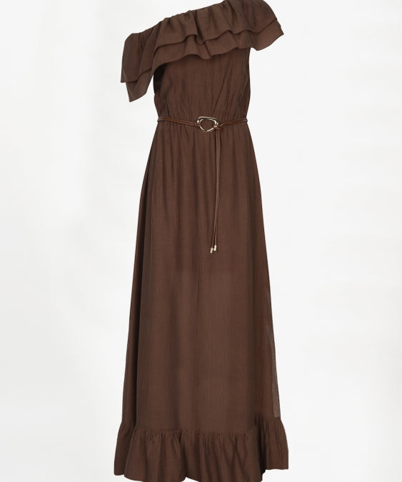 Ambarose plain off shoulder maxi dress met ceintuur van Dante6