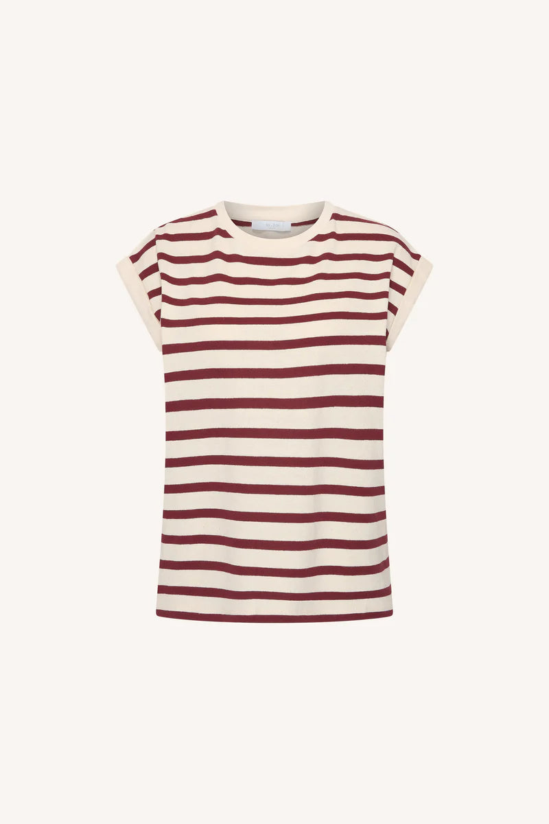 Tobi stripe top rood en wit met omgeslagen zoom aan mouw van By-Bar