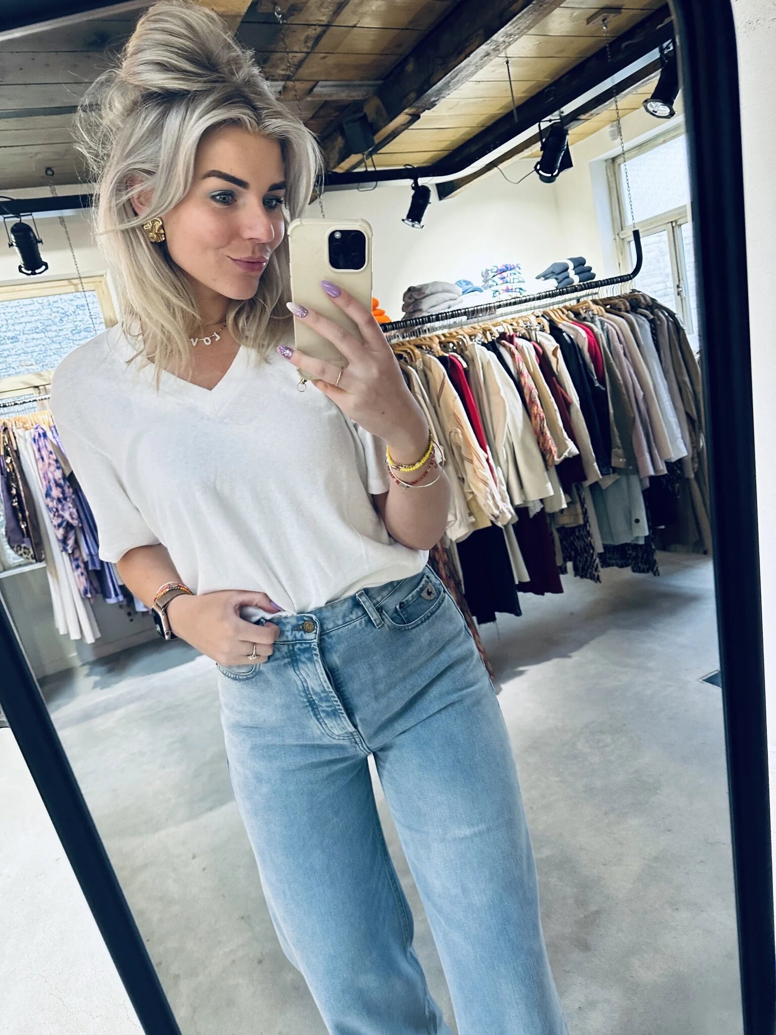 20-750-4202 V-neck tee linen cotton - Ecru