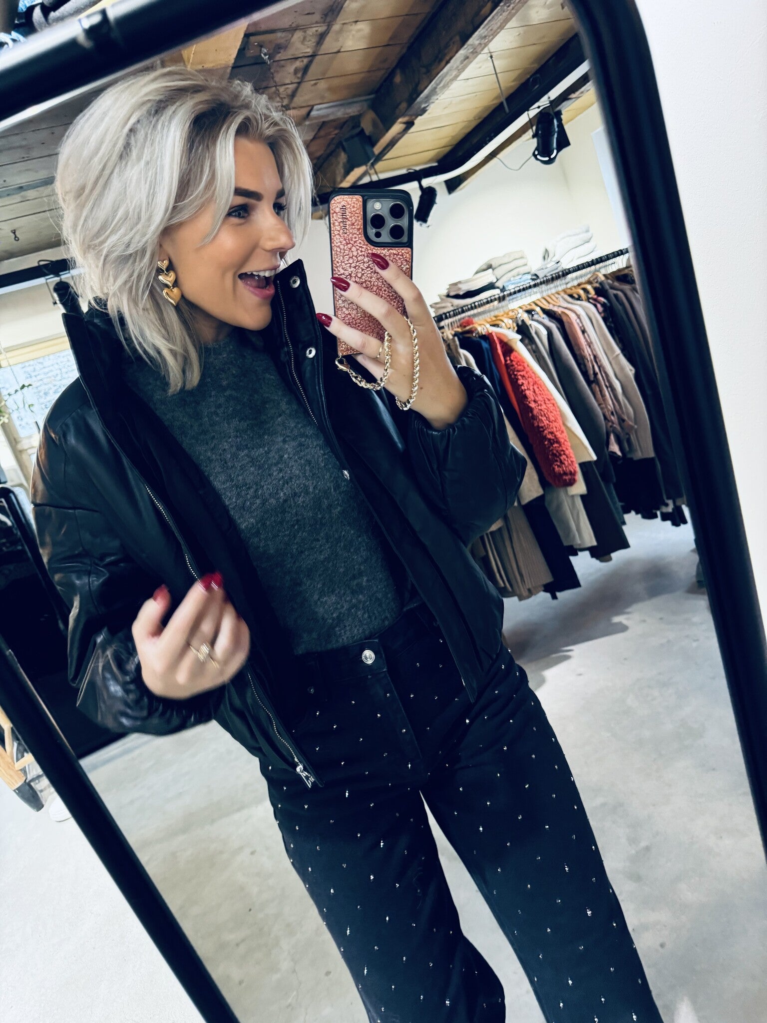 Harlow Leather Bomber Jacket - Black