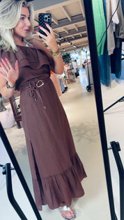 Ambarose plain off shoulder maxi dress