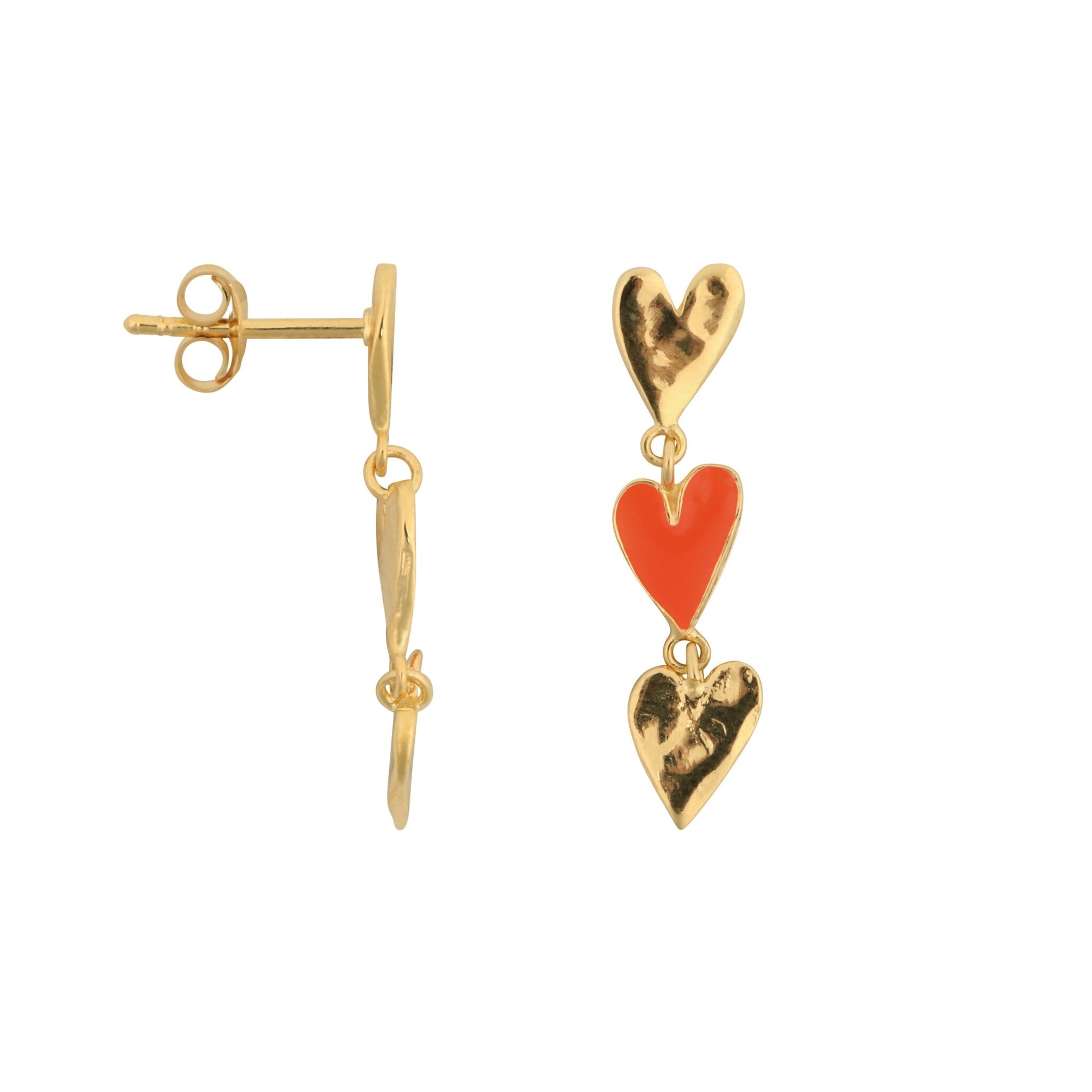 E2506 Medium Three Hearts stud Earring - Gold Neon Coral
